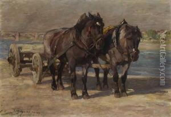 Pferdewagen Am Fluss Oil Painting - Emanuel Hegenbarth