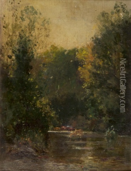 Baumreiche Flusslandschaft Mit Kuhen Bei Der Tranke Oil Painting - Federico Rossano