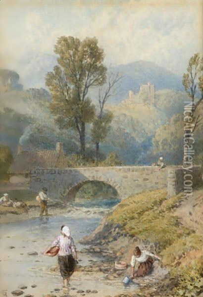 Figures On The River, Dollar, Clackmananshire Oil Painting - Myles Birket Foster