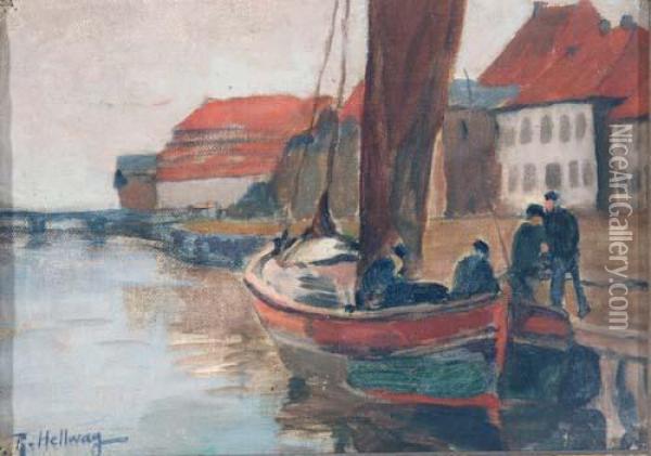 Anlegendes Segelboot Vor Stadtansicht Oil Painting - Rudolf Hellwag