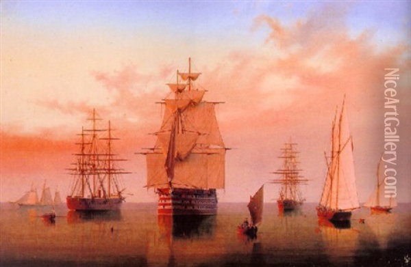 A Naval Squadron At Sunset Oil Painting - William Frederick Settle