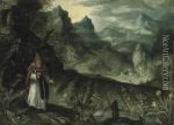 An Extensive Landscape With Saint Anthony Abbot Before His Field Ofcrops Oil Painting - Paul Bril
