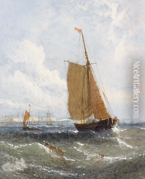 Fishing Boats In Choppy Waters Oil Painting - William Adolphu Knell