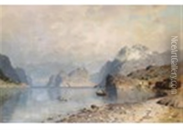 View Of A Norwegian Fjord With A Village On The Shore Oil Painting - Adelsteen Normann