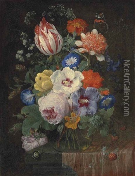 Peonies, Carnations, Morning Glory, A Semper Augustus Tulip And Other Flowers In A Glass Vase, With A Snail, A Butterfly, A Dragonfly And Other Insects On A Partially-draped Ledge Oil Painting - Nicolaes van Veerendael