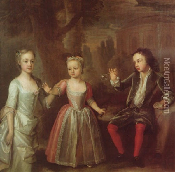Portrait Of A Boy Wearing A Green Coat And Breeches With Red Hose, Blowing Bubbles With His Two Sisters Dressed In Green Oil Painting - George Knapton