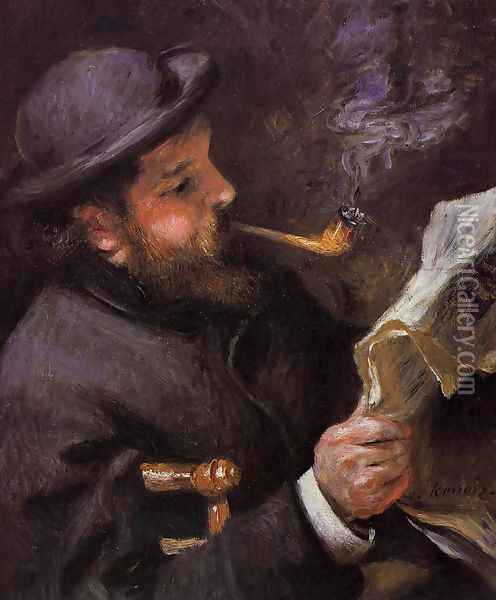 Claude Monet Reading A Newspaper Oil Painting - Pierre Auguste Renoir