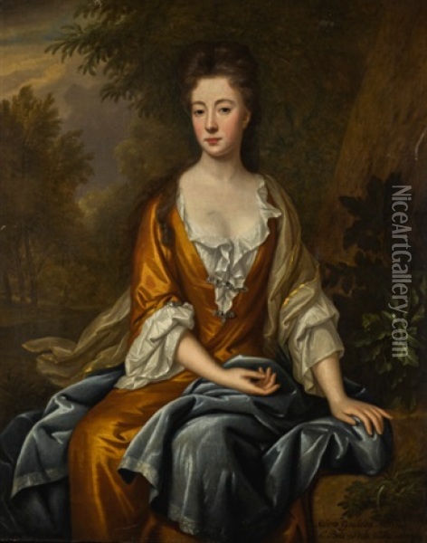Portrait Of Meliora Gomeldon (circa 1674-1719), Three-quarter-length, Wearing An Orange Dress With Blue And White Cloak, Seated In A Landscape Oil Painting - John van der Vaart