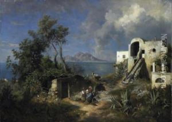 Capri. View On The Island From The Naples Area. Oil On Canvas. 110 X 153cm. Oil Painting - Albert Flamm