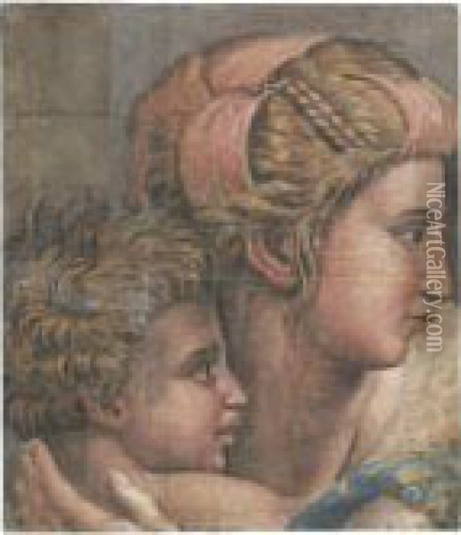 Head Of A Mother And Child Oil Painting - Raphael (Raffaello Sanzio of Urbino)