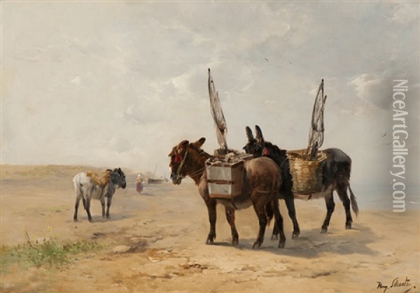 Donkeys Waiting For The Shrimp Fishers Oil Painting - Henry Schouten