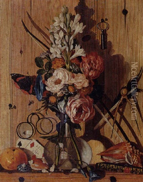 Trompe L'oeil Still Life Of A Vase Of Flowers, Shells And A Book, With Eyeglasses, A Key And Other Objects Tacked To A Wooden Wall Oil Painting - Antonio Gianlisi