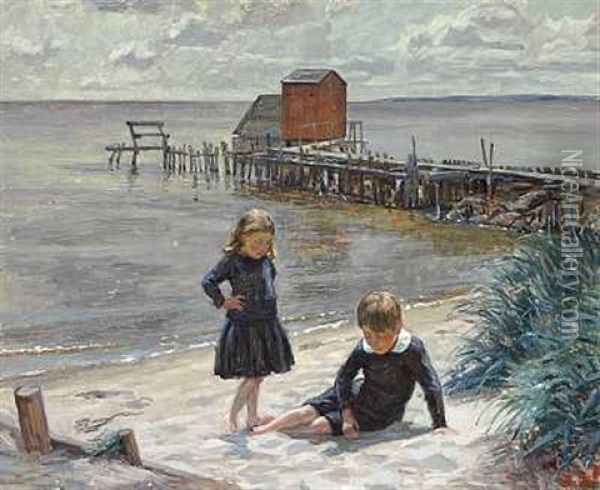 Legende Born Pa Stranden Oil Painting - Sigurd Wandel