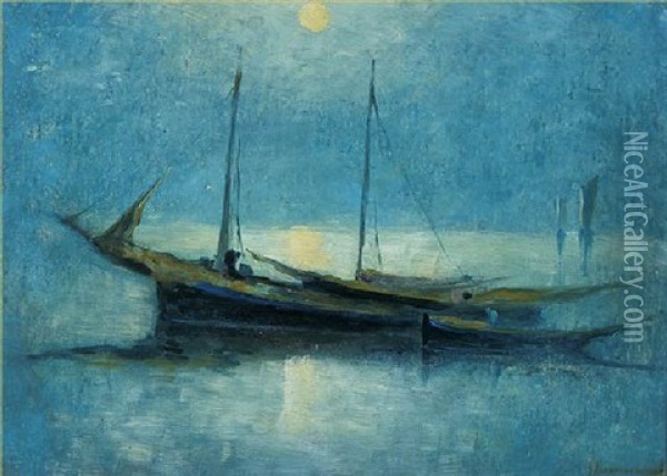 Fishing Boats, Bay Of Fundy, Nb Oil Painting - John A. Hammond