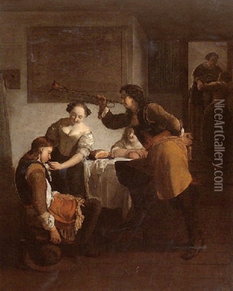 A Domestic Interior With Figures Teasing A Sleeping Soldier Oil Painting - Jacob Ochtervelt