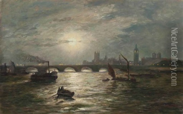 The Houses Of Parliament And Big Ben By Night Oil Painting - Albert Schickedanz