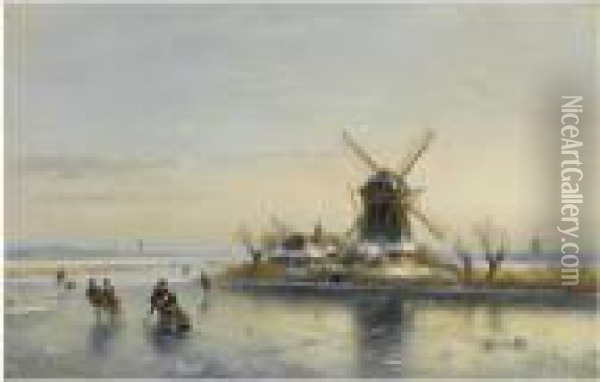 Skaters On A Frozen Waterway Near A Windmill Oil Painting - Lodewijk Johannes Kleijn