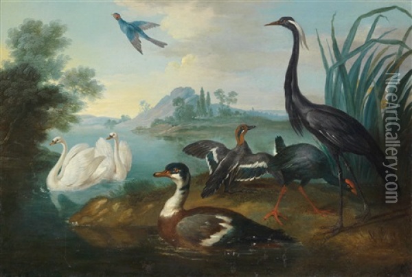 A Pair Of Lakeside Landscapes With Aquatic Birds Oil Painting - Christophe Huet