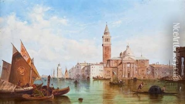 St Mark's On The Canal With Gondolas And Sail Boats Oil Painting - Alfred Pollentine
