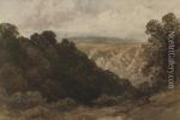 A Figure Looking Over A Mountainous Landscape Oil Painting - David I Cox