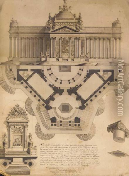 A Design For A Mausoleum: An 
Elevation And A Ground Plan Withsubsidiary Studies Of A Capital And An 
Altar Oil Painting - Domenico Pedrini