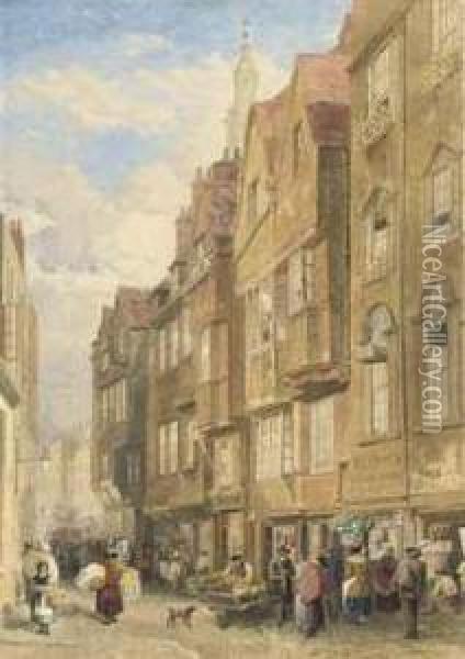 Street Vendors On Wych Street Off The Strand, London Oil Painting - John Wykeham Archer