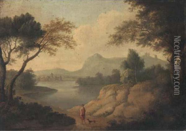 A Wooded River Landscape With A Classical Figure And A Dog On A Track Oil Painting - Johannes (Polidoro) Glauber