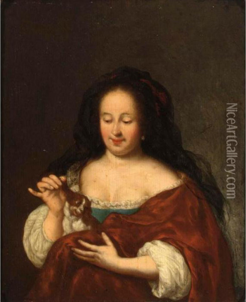 A Young Lady Playing With A Puppy King Charles Spaniel On Her Lap Oil Painting - Frans van Mieris