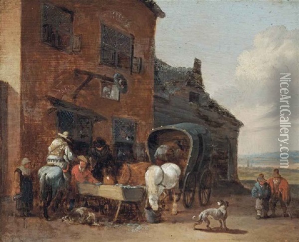 Travellers Outside An Inn Oil Painting - Pieter Bout