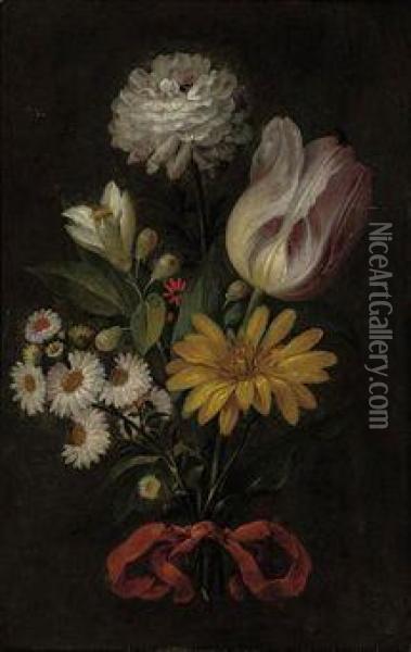 A Rose, A Lily And Other Blooms Tied With A Lilac Ribbon Oil Painting - Jean-Baptiste Borely