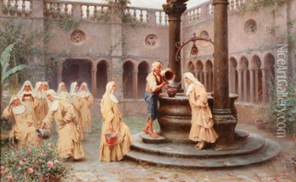 Watering Flowers In The Convent Courtyard Oil Painting - Francesco Bergamini