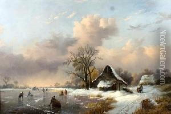 Canal Glace Et Patineurs Oil Painting - Albert Edouard Moerman