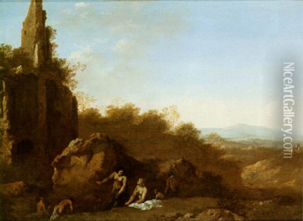 A River Landscape With Figures Bathing In Front Of A Set Of Ruins Oil Painting - Cornelis Van Poelenburgh