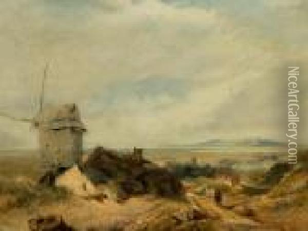 Estuary Landscape With Cloaked Figure Beside Awindmill Oil Painting - Henry Bright