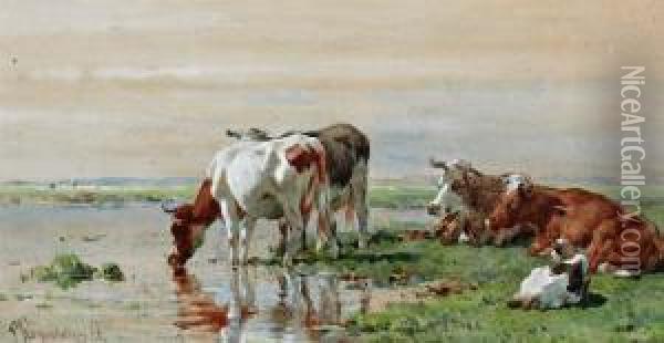 Koeien Aan De Waterkant In Zomers Polderlandschap Oil Painting - Pieter Stortenbeker