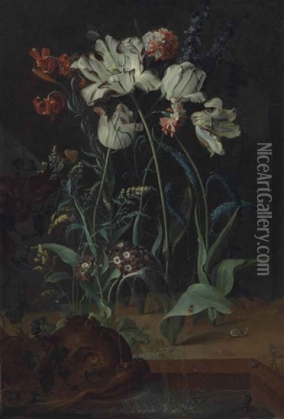 Parrot Tulips, Carnations, Turk-cap Lilies And Other Flowers With A Snail, A Frog And Insects By A Fountain With A Sculpted Dolphin Oil Painting - Coenraet (Conrad) Roepel