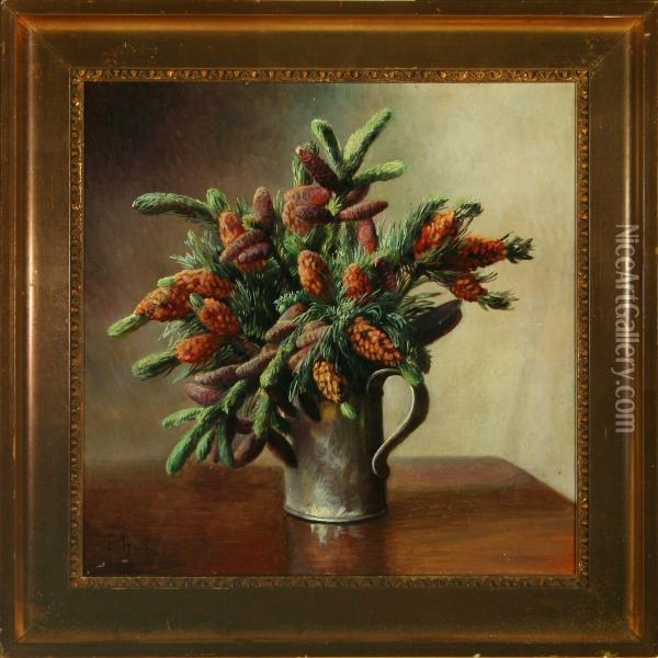 Fur And Spruce Cones In A Vase Oil Painting - Flora Heilmann