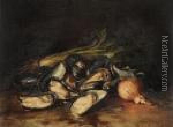 Still Life With Mussels And Onions Oil Painting - Joseph Van Genegen