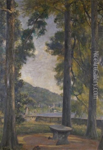 Italianate Lake Scene With Tall Pines Oil Painting - Charles James Fox