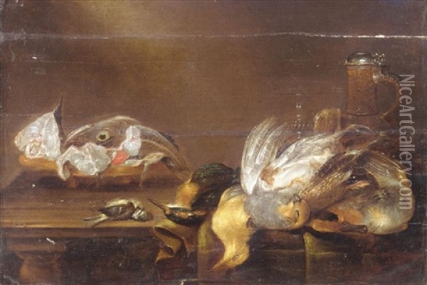 Still Life With A Bowl Of Fish, A Glass, A Flagon, A Partridge, A Kingfisher, A Blue Tit And Other Songbirds On A Wooden Table Oil Painting - Alexander Adriaenssen the Elder