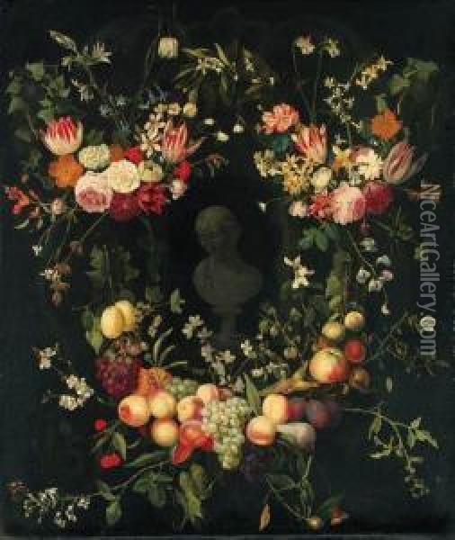 Swags Of Flowers Decorating A Niche With A Portrait Bust Of Alady Oil Painting - Frans Van Everbroeck