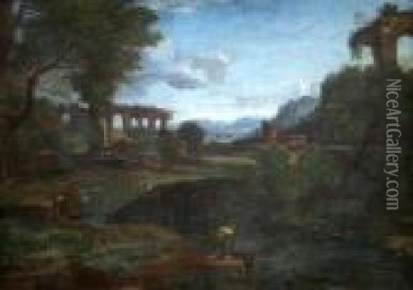 Figure By A Ruin In A Classical Landscape Oil Painting - Gaspard Dughet Poussin