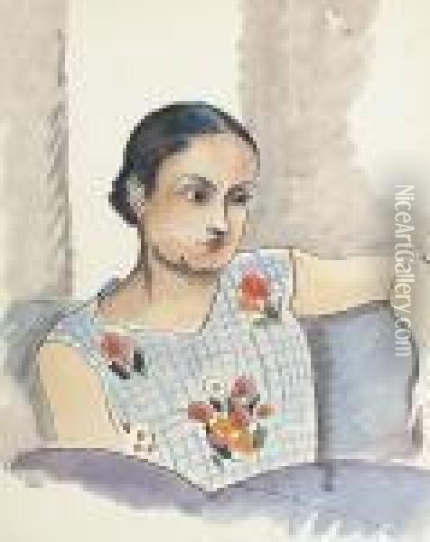 Portrait Of Woman In A Floral Dress Oil Painting - Lucien Pissarro