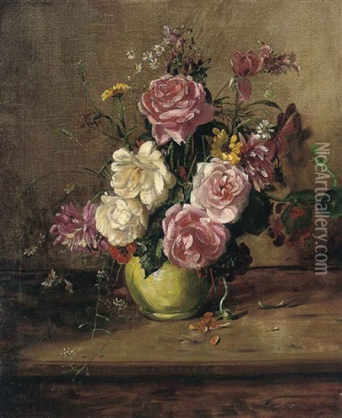 Roses, Chrysanthemums And Other Flowers In A Green Vase, On A Wooden Ledge Oil Painting - Willem Elisa Roelofs