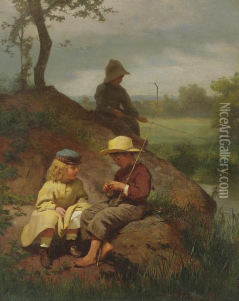 The Biddle Children Fishing On The Schuylkill Oil Painting - George Cochran Lambdin
