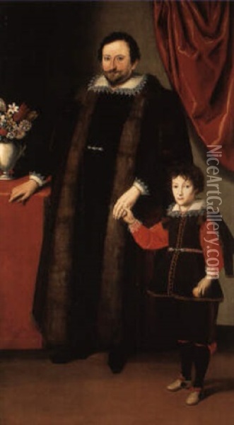 A  Double Portrait Of A Gentleman With His Son By A Table Oil Painting - Giovanni Bernardo Carboni