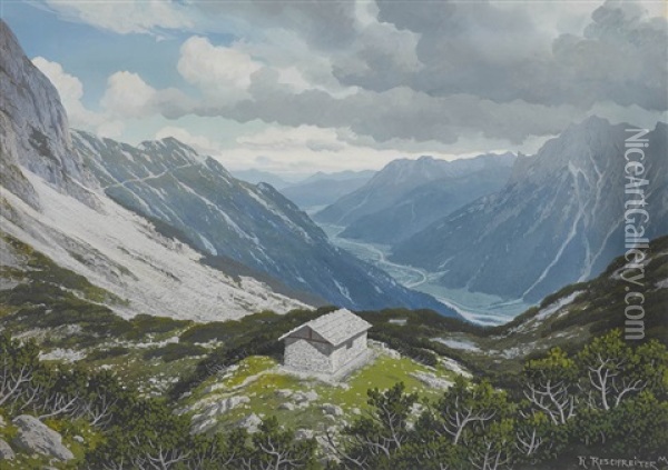 Arnspitzhutterl Bei Mittenwald Mit Blick Auf Isartal Und Karwendel Oil Painting - Rudolf (Robert) Reschreiter