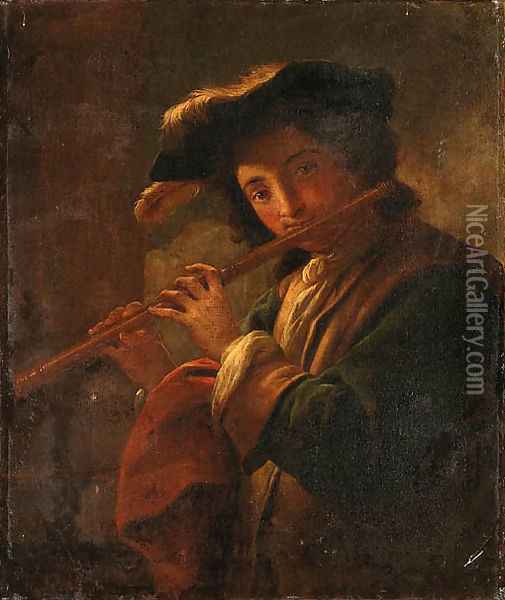 A young Man playing a Flute Oil Painting - Italian School