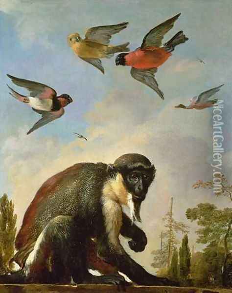 Chained monkey in a landscape Oil Painting - Melchior de Hondecoeter