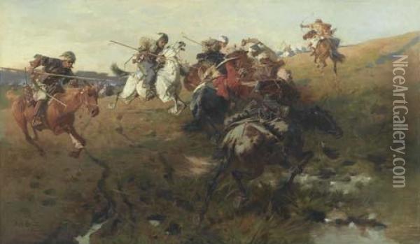 Battle On Horseback. Oil Painting - Jozef Von Brandt